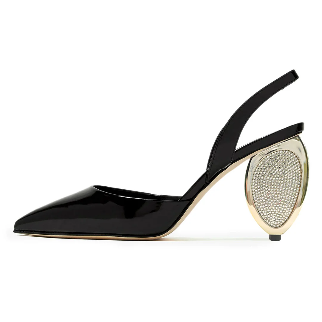 YDN Black Pointed Toe Rhinestone Sculptural Heel Slingback Pumps