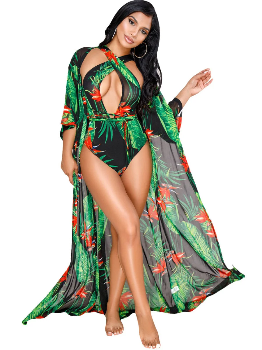 Women's Bikini Floral Print Hollow Halter Two Piece Swimsuit Cover Ups