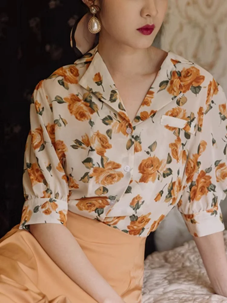 Chiffon Floral Shirt Top - Yellow