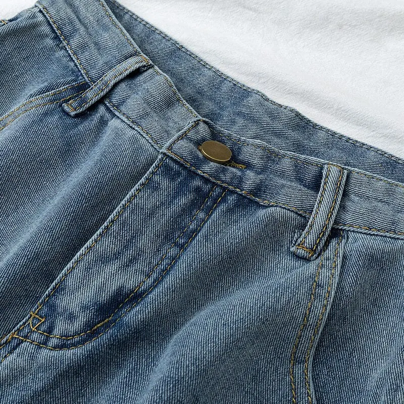 FTLZZ New Summer Women High Waist Blue Wide Leg Denim Shorts Casual Female Solid Color Streetwear Stright Jeans Shorts