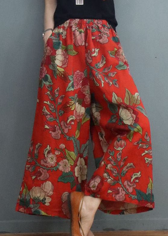 Handmade Red Print Linen wide leg pants Spring CK2159- Fabulory