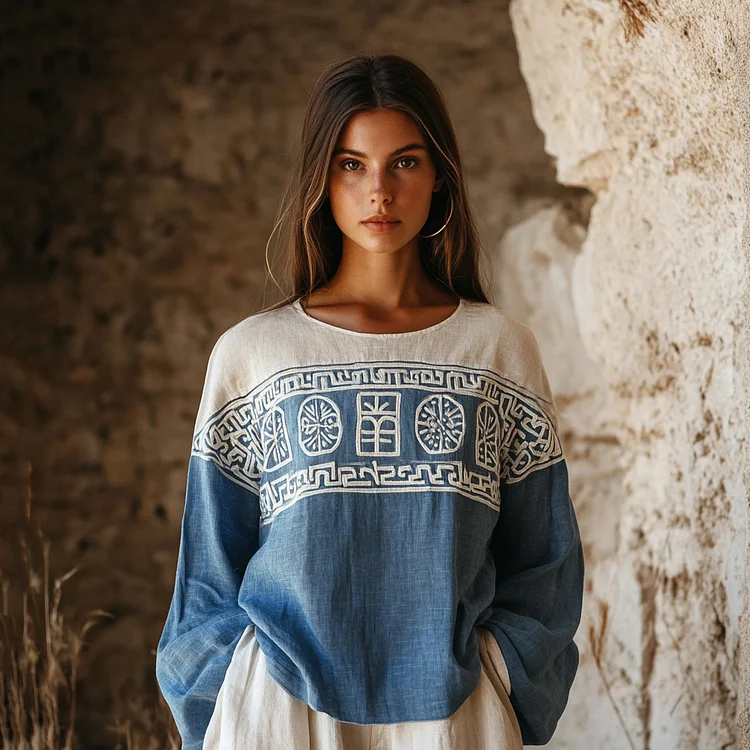 Vintage Greek Key Art Embroidered Linen Blend T-shirt
