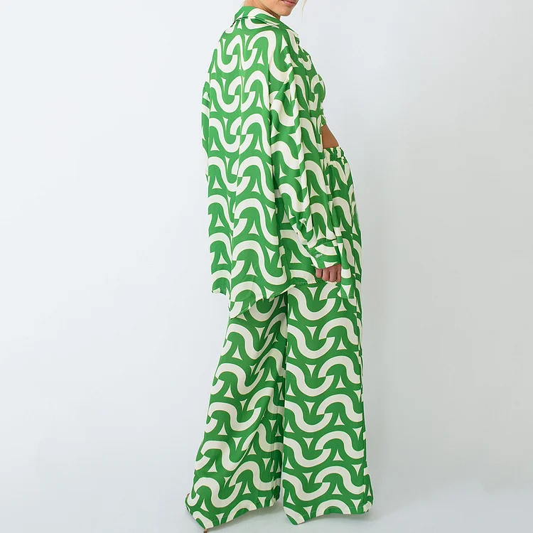 Fashion Wave Print Long Sleeve Shirt Two Piece Set