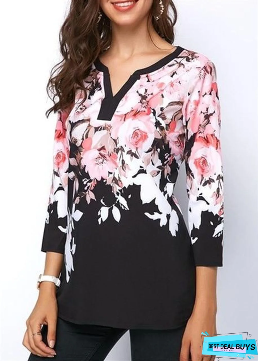 Plus Size Women Floral Printed Tops Three-Quarter Sleeve V-Neck T-Shirt