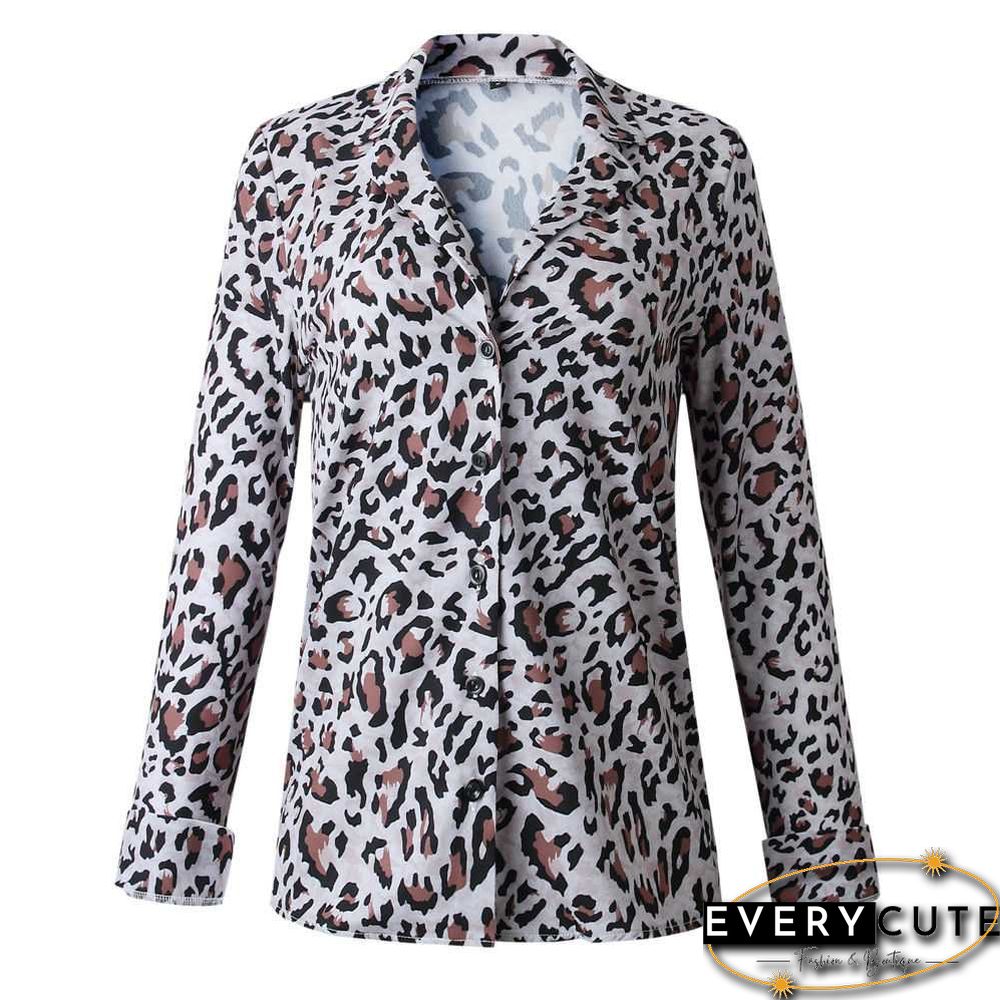 Oversized Retro Long Sleeve Leopard Print Button Up Shirt Womens