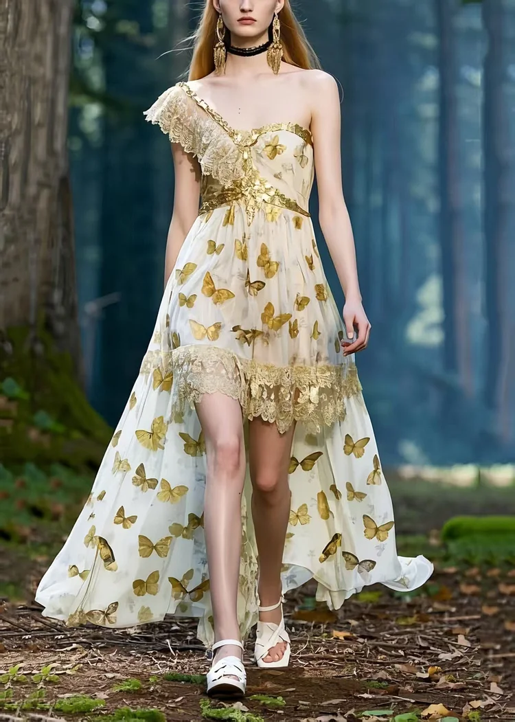 Elegant One Shoulder Butterfly Print Chiffon Vestidos Dresses Summer