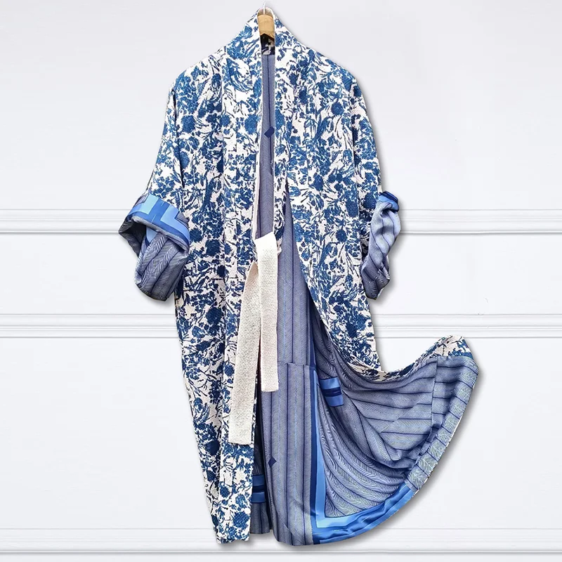 Fashion Lined Striped Print Paneled Floral Kimono Duster