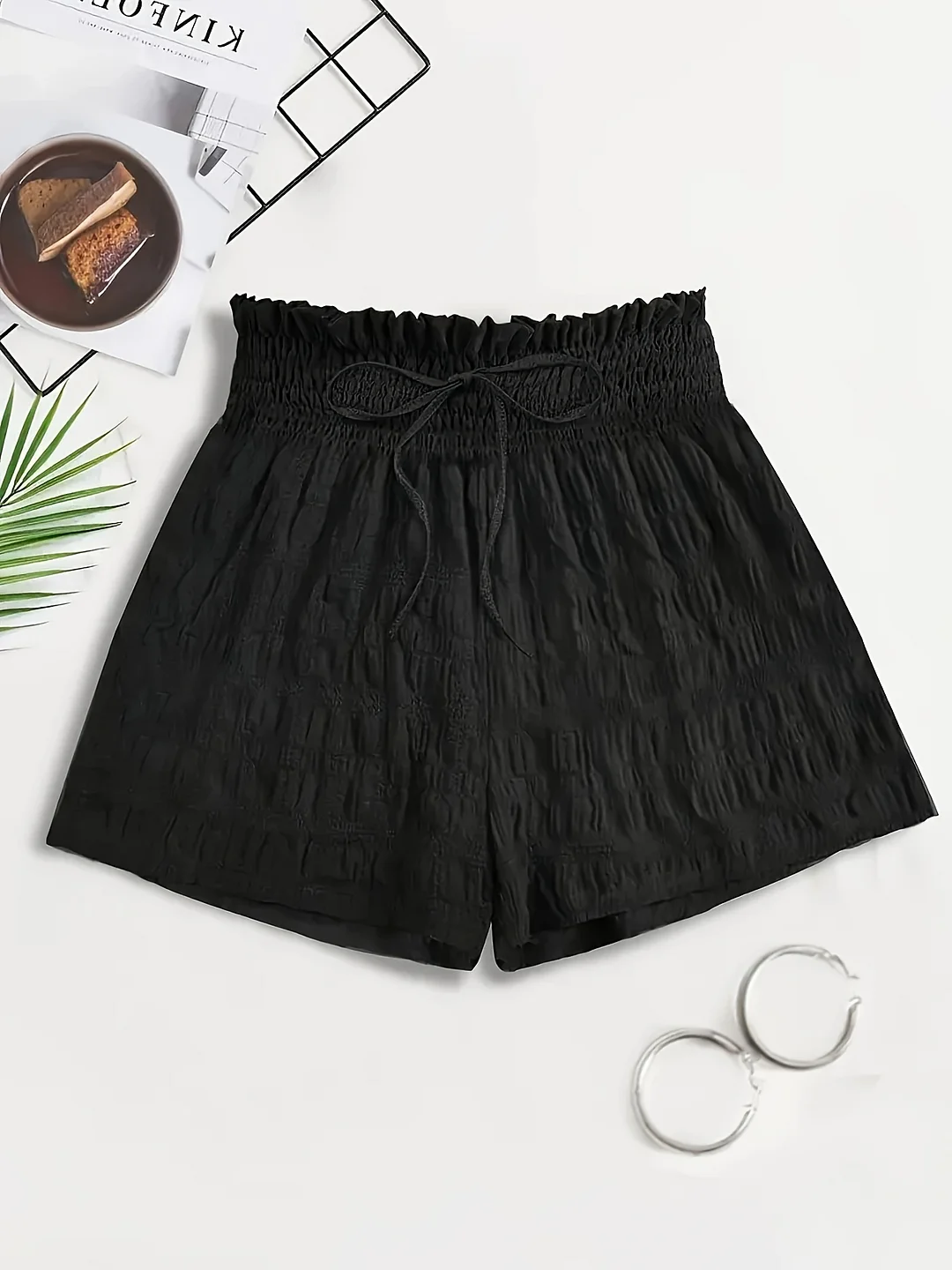 Women's Red Textured Pleated Elastic Waistband Shorts - Lightweight Summer Casual Machine-Washable Solid Color Lounge Shorts With Faux Drawstring Detail, Cute Shorts, Everyday Comfort, Flowy Material | IFYHOME