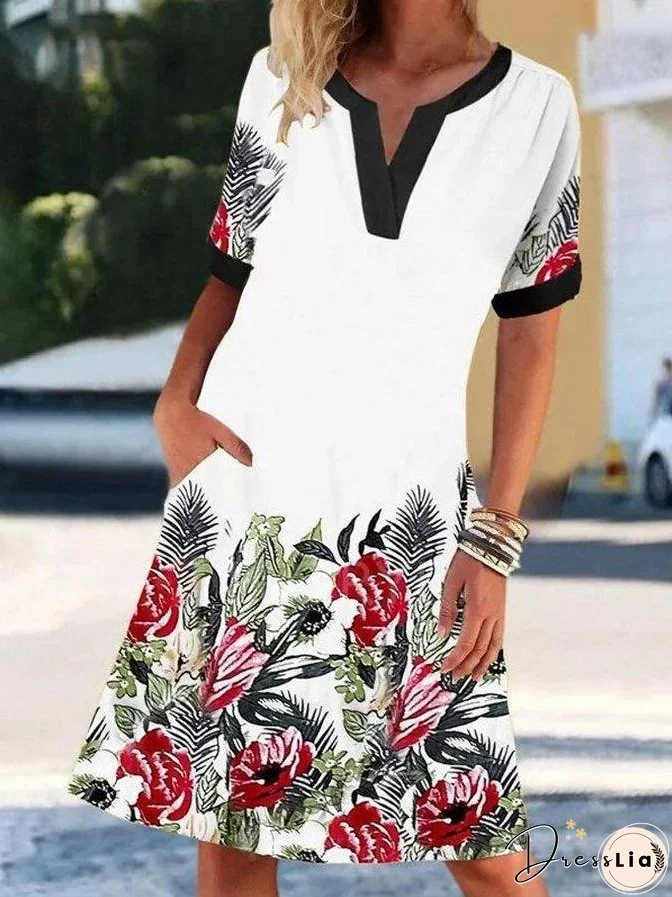 V-Neck Short Sleeve Vintage Print Elegant Dress for Women