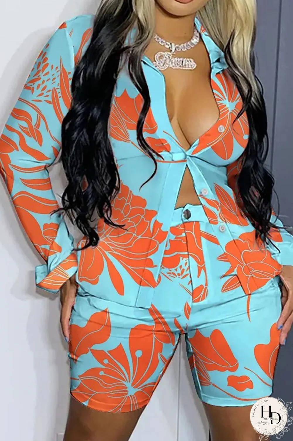 Light Blue Casual Print Patchwork Buckle Turndown Collar Long Sleeve Two Pieces