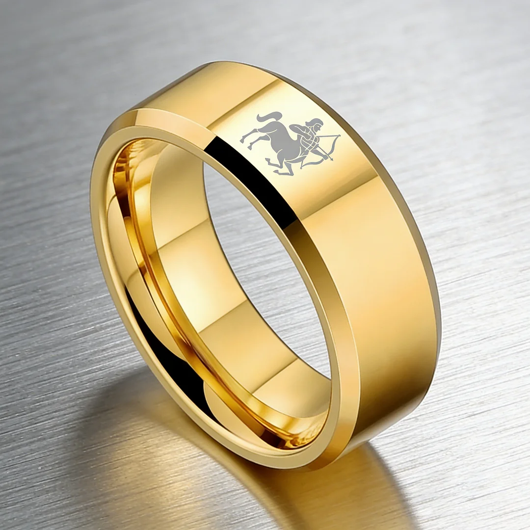 Beveled Edges Gold Laser Etched Tungsten Carbide Bands Gold Sagittarius Couple Wedding Rings 4MM 6MM 8MM