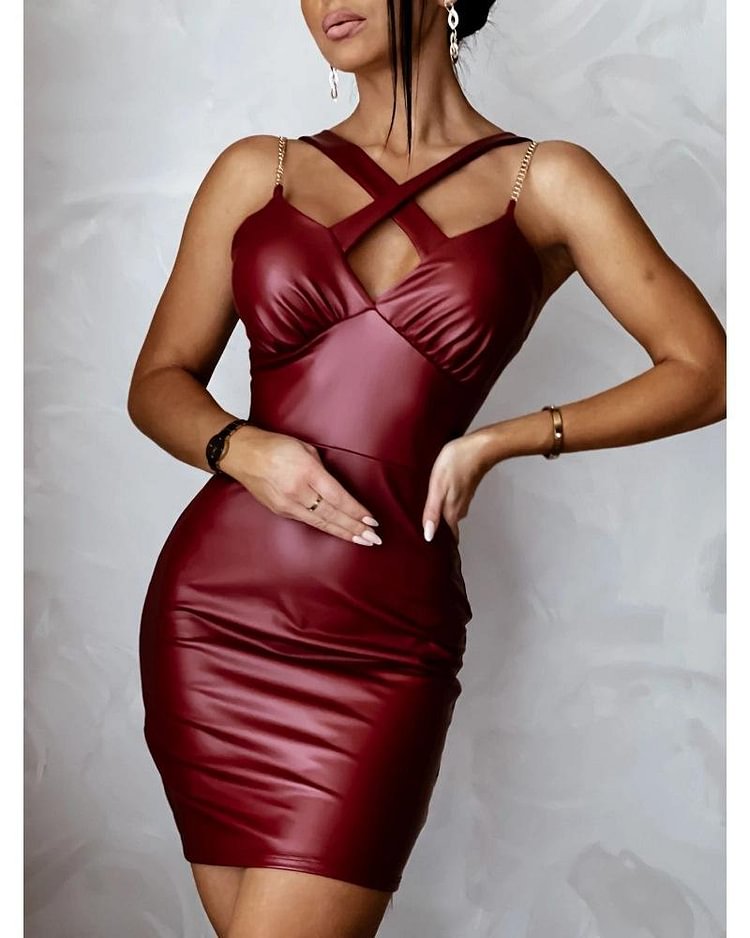 Promsstyle Solid leather cross straps skinny mini slip dress Prom Dress 2023