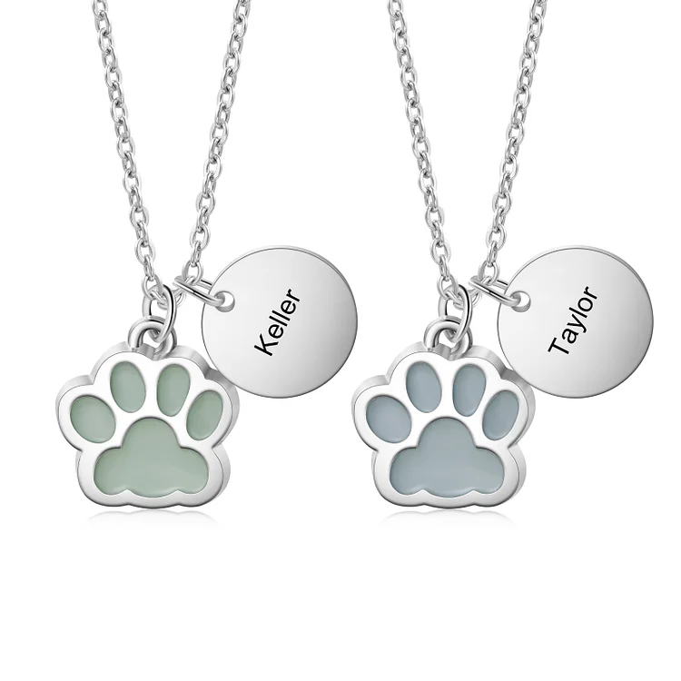 Personalized Couple Fluorescent Necklace Set Customized 2 Names Dog Paw Pendant Necklaces Creative Gifts
