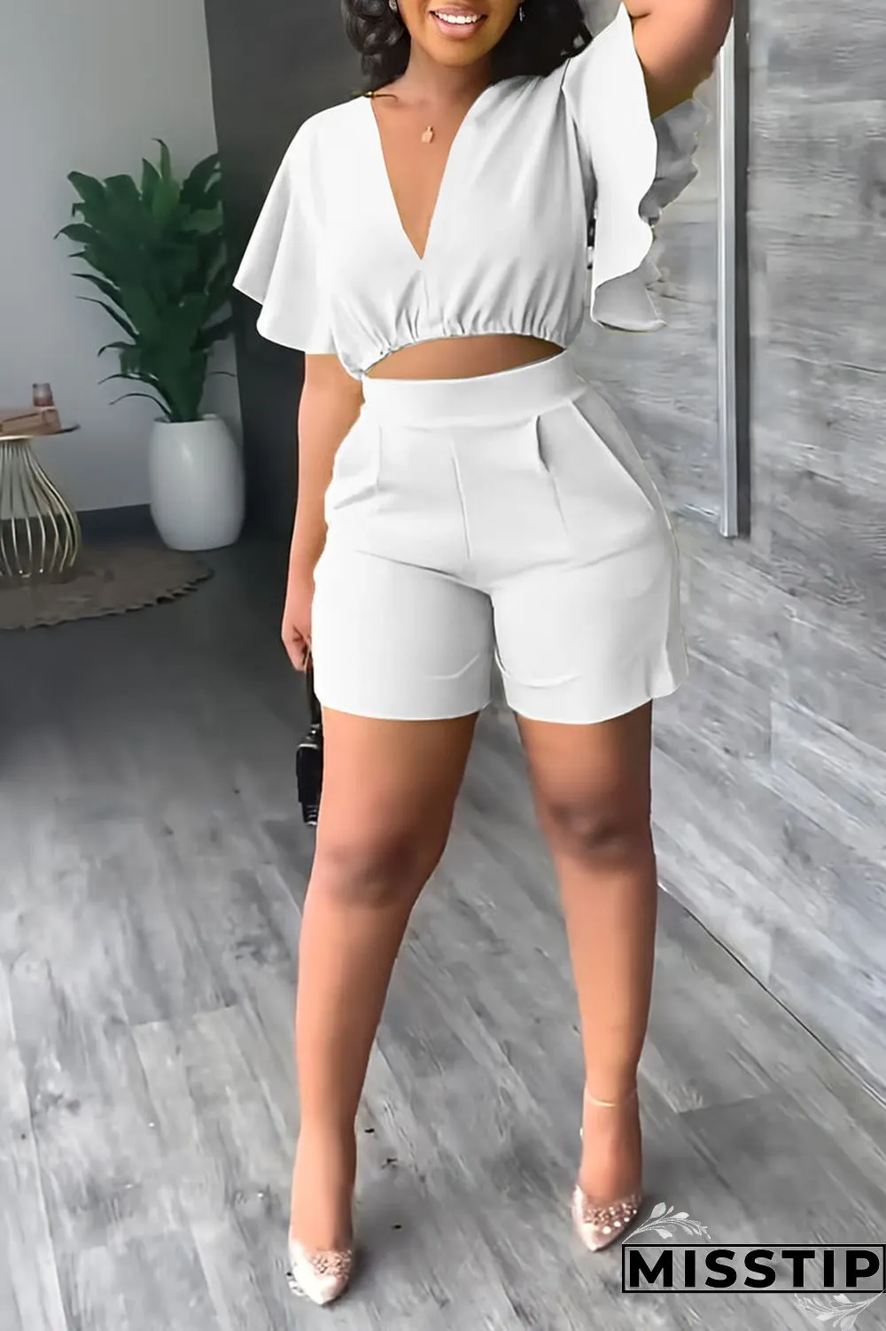 Yellow Casual Solid Patchwork Flounce V Neck Short Sleeve Two Pieces
