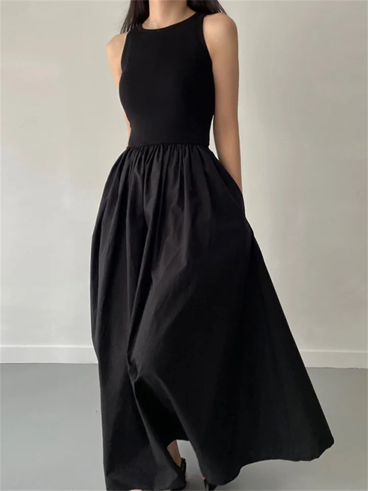 Elegant Retro Round Neck, Slim Waist, Stitched Pleated Large Swing Sleeveless Dress, Long Skirt | IFYHOME