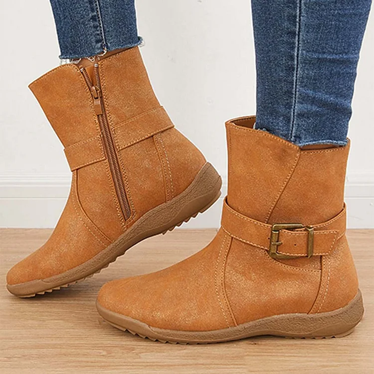 Women Arch Support Flat Heel Ankle Boots Side Zipper Booties