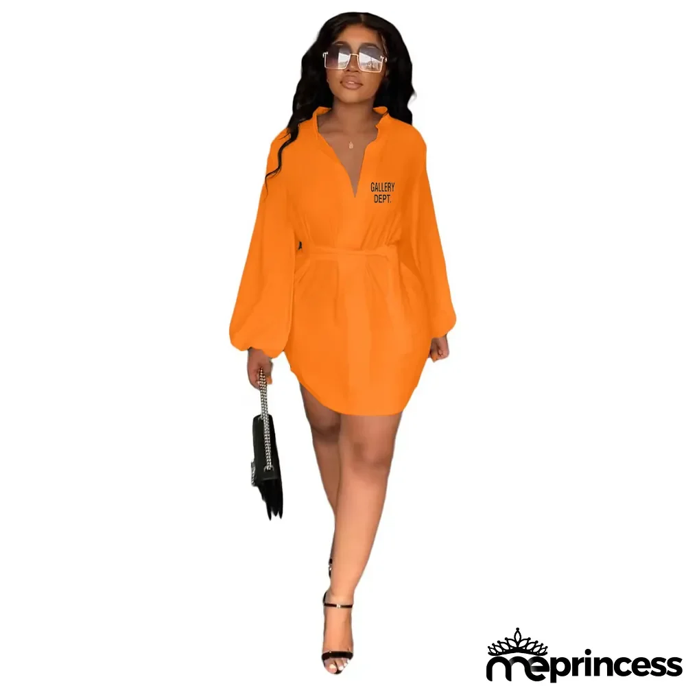 Women Printed V-Neck Casual Puff Sleeve Dress with Belt.