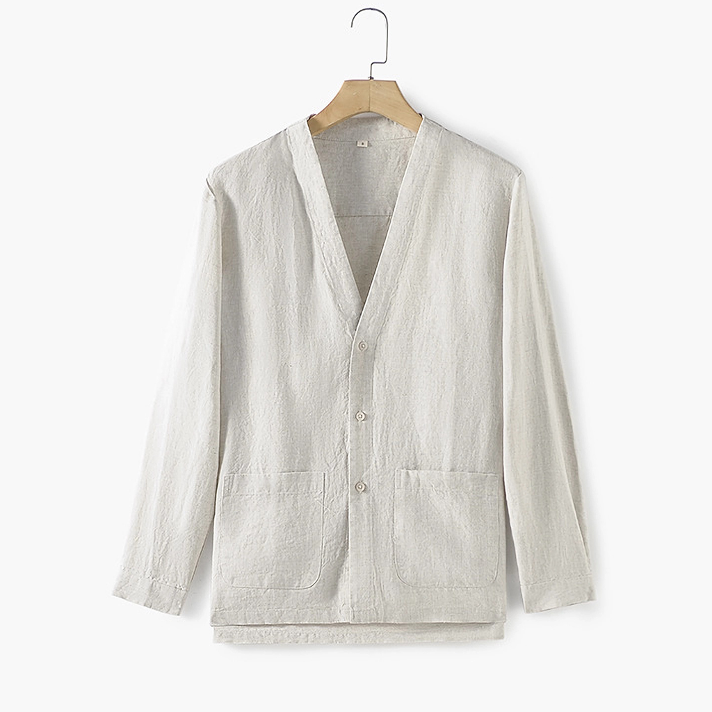 100% European Linen Men's V-neck Cardigan Coat REAL SILK LIFE