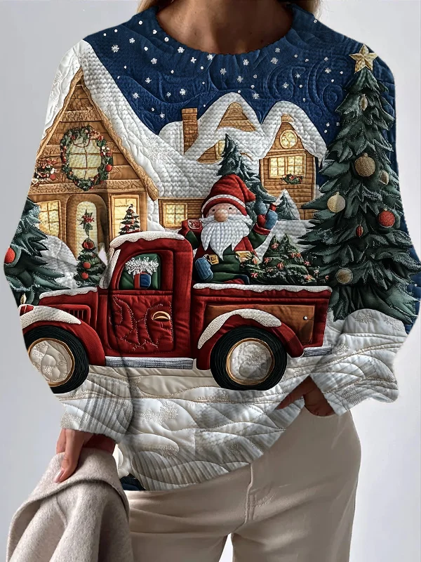 Women's Christmas Gnome And Truck Print Knit Sweatshirt
