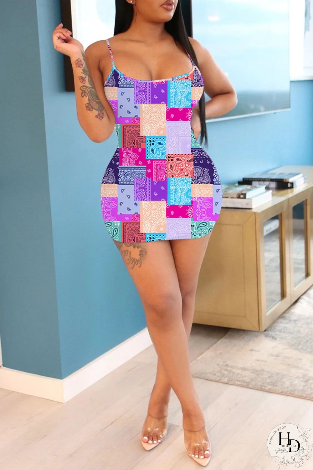 Yellow Fashion Casual Print Backless Spaghetti Strap Sleeveless Dress Dresses