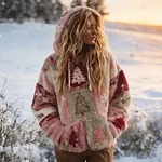 Women's Patchwork Floral Christmas Tree Print Plush Hoodie - Image 2