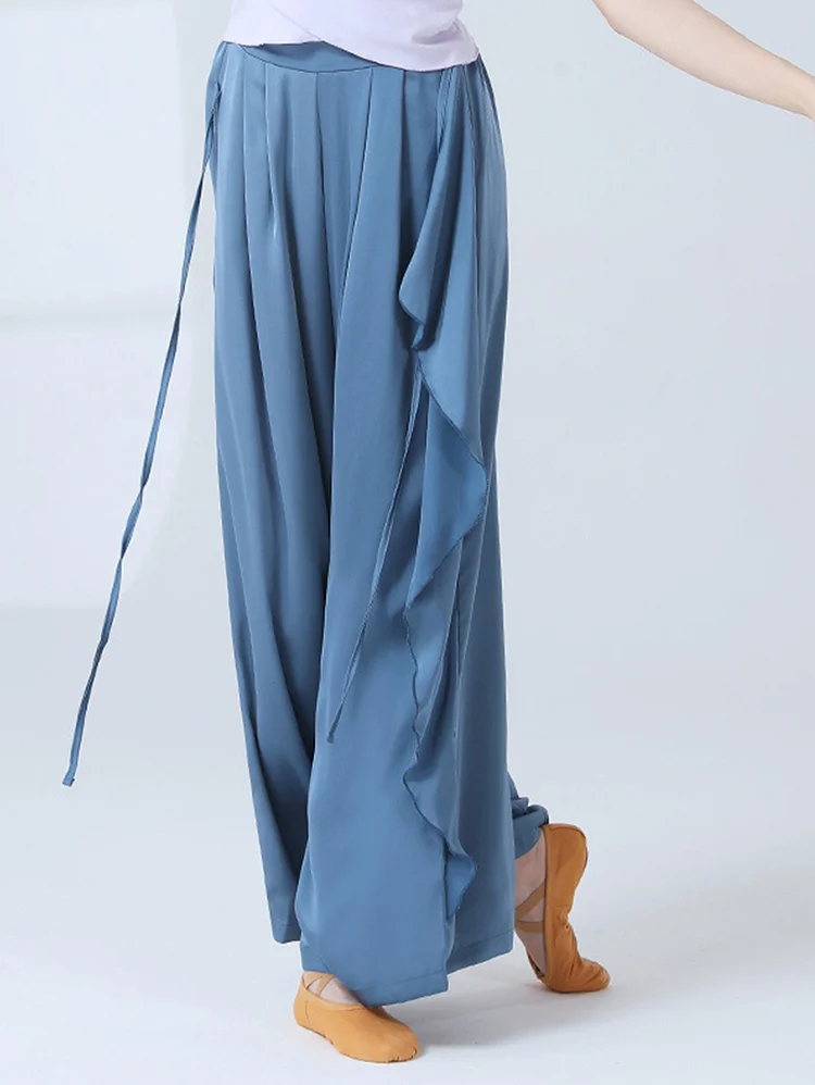 Solid Lace-up Layered Flowy Wide Leg Pants