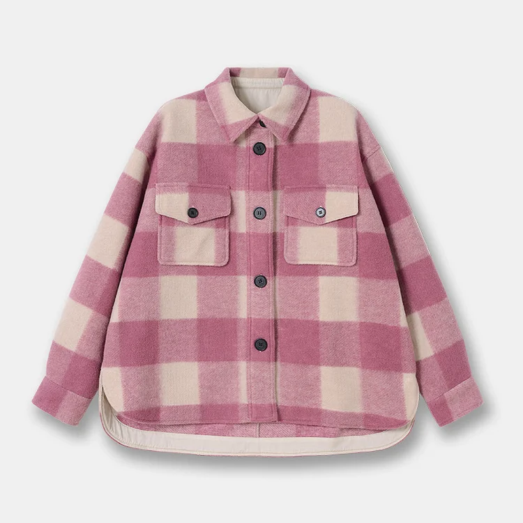 Lapel Loose Wool Check Short Long-sleeved Coat