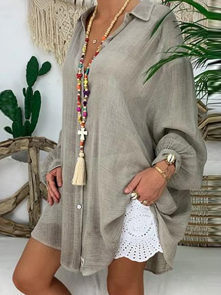 Loose Casual Solid Color Lapel Long Sleeve Shirt