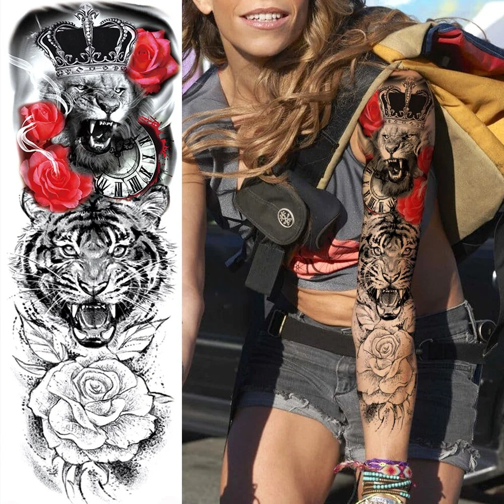 For Men Women Body Art Full Arm Sleeve Black Flower Tatoo Water Transfer Fake Tattoo Stickers Large Compass Temporary Tattoos