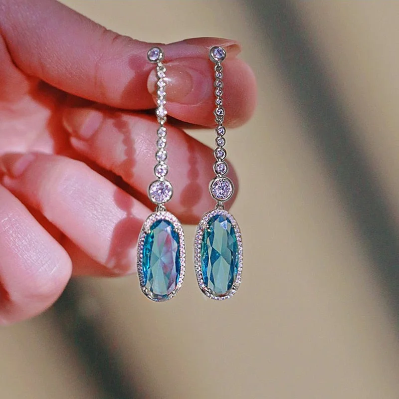 Huitan Romantic Girl Long Hanging Earrings with Sky Blue/White CZ Stone Silver Color/Gold Color Fashion Luxury Jewelry for Women