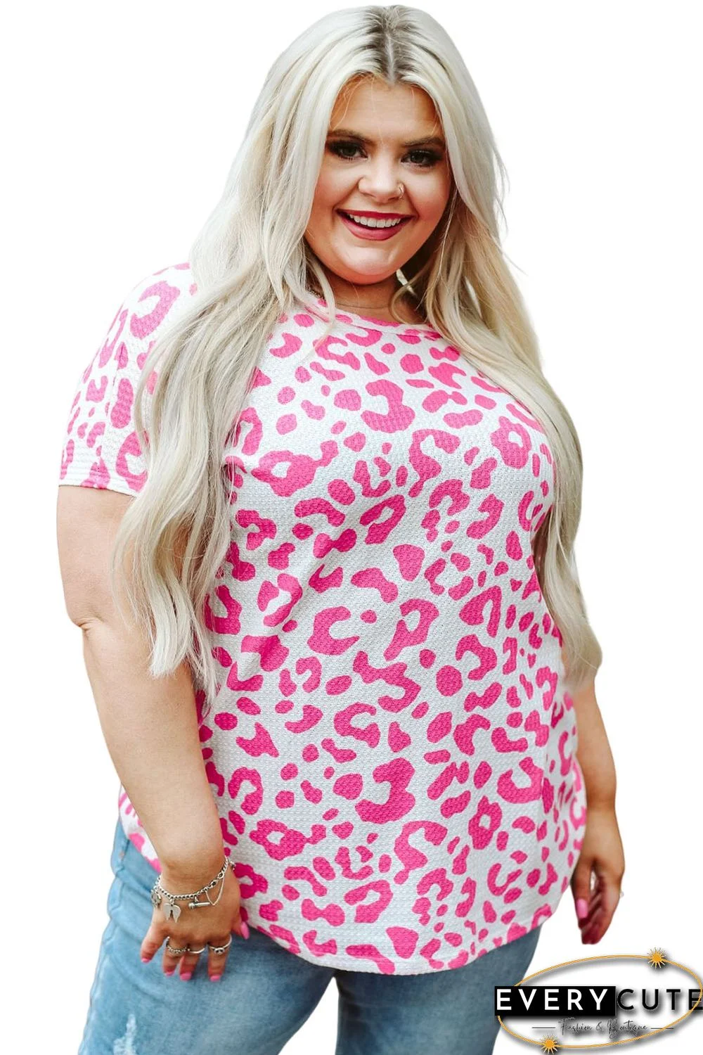 Rose Leopard Print Textured Knit Short Sleeve Plus Size T Shirt