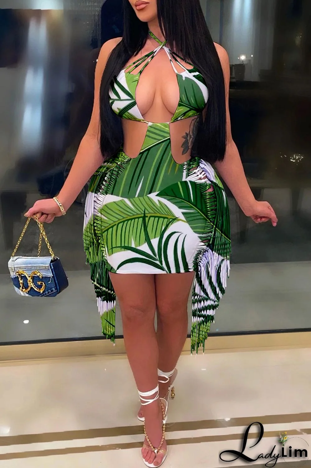 Pink Sexy Print Tassel Bandage Backless Halter One Step Skirt Dresses