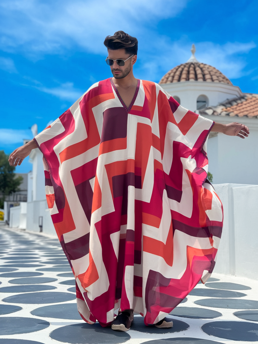 Men's Red Curved Polyester V-Neck Kaftan