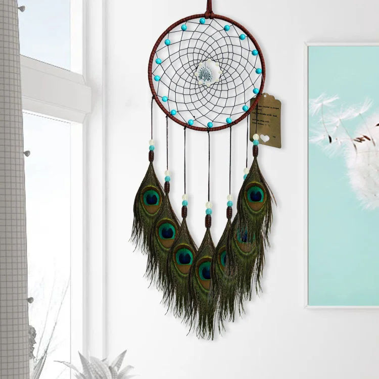 Olivenorma Glow Beads Handmade Peacock Feather Dream Catcher