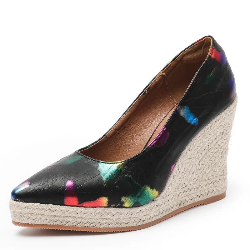 Wongn Wongn And Autumn New Slope Heel Thick Bottom Tip Shallow Mouth High Heel Women's Single Shoes Color Thick Heel Grass Hemp Rope Bottom Large Size