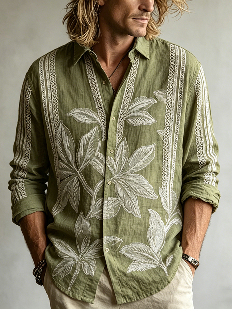 Comstylish Men's Retro Plant Flower Embroidery Pattern Design Casual Linen Shirt