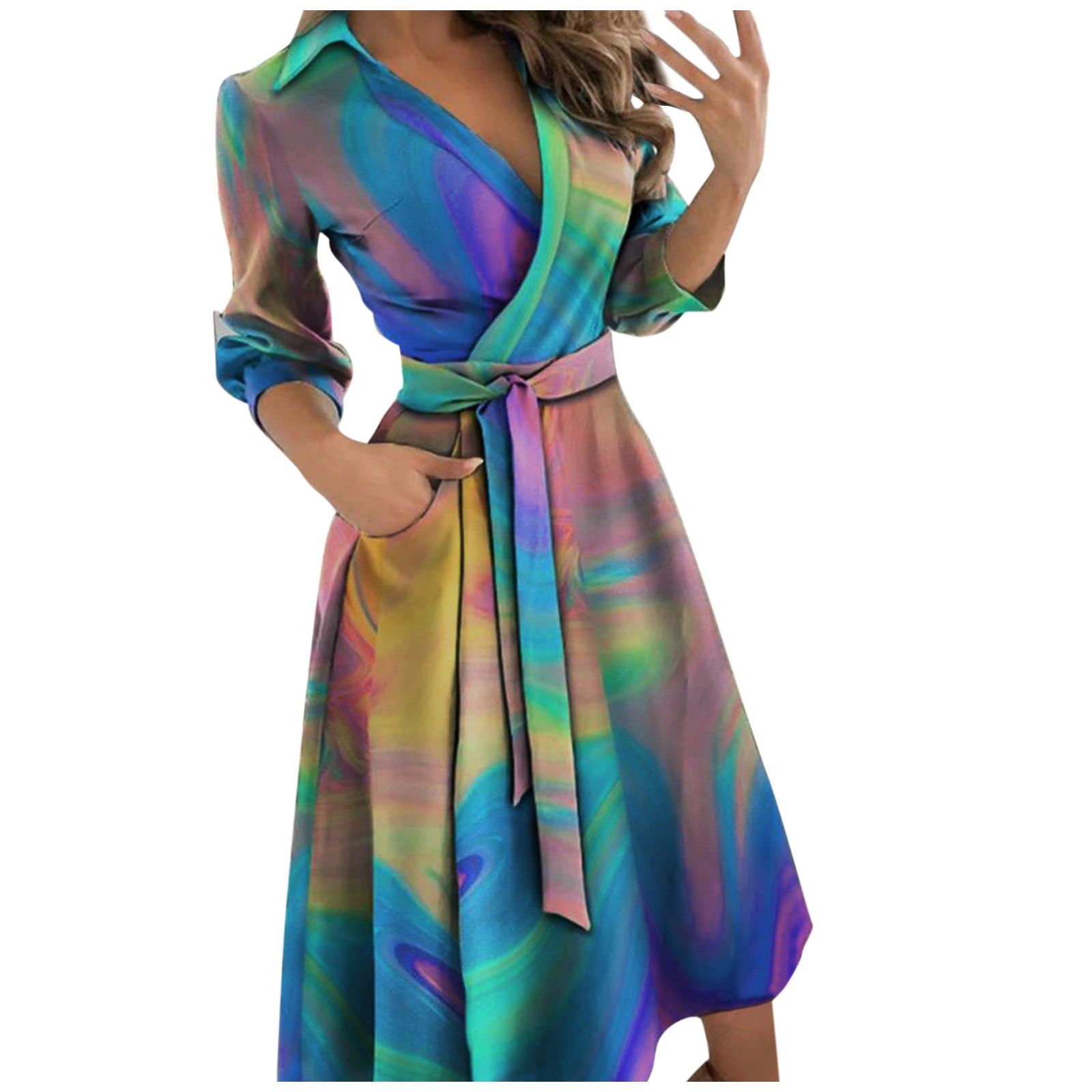 summer dress for Women Tie dye Printing sexy V Neck half sleeve lace up midi long Dress Formal Dress Women Elegant Vestido Robe