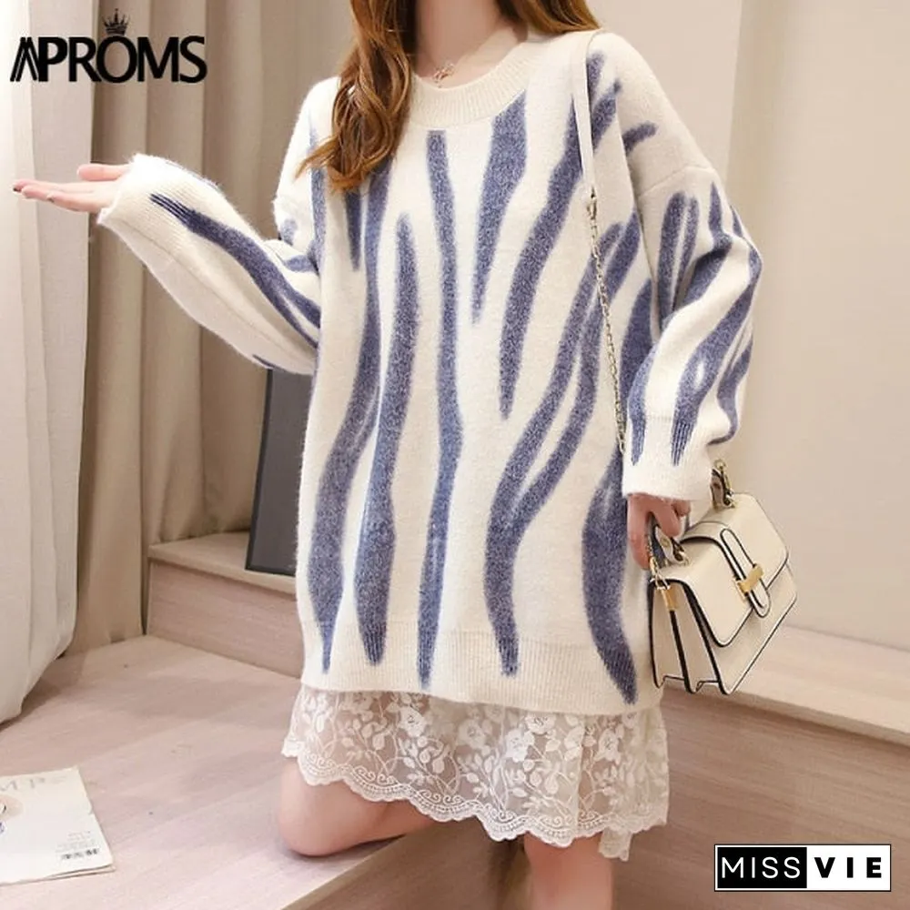 Aproms Korean Fashion Khaki Stripes Print Loose Sweaters Women Winter Hip-Pop Oversized