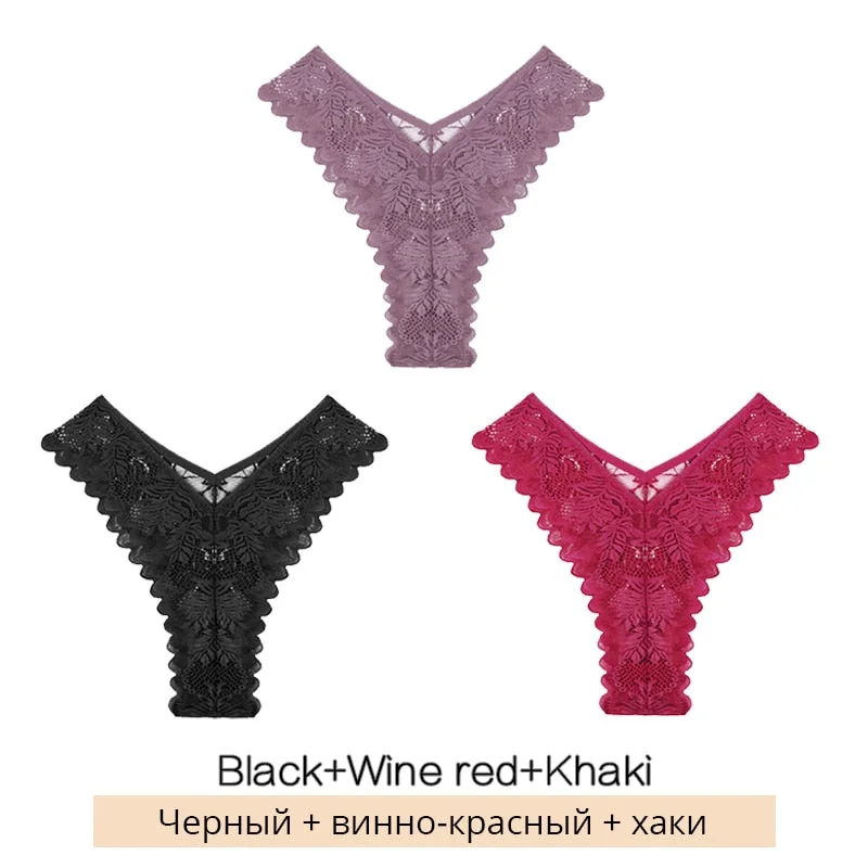 FINETOO Sexy Low-Rise Lace Panties 3Pcs/set Women Floral Brazilian Underwear S-XL Girls T-back Underpants Ladies Lingerie 2021