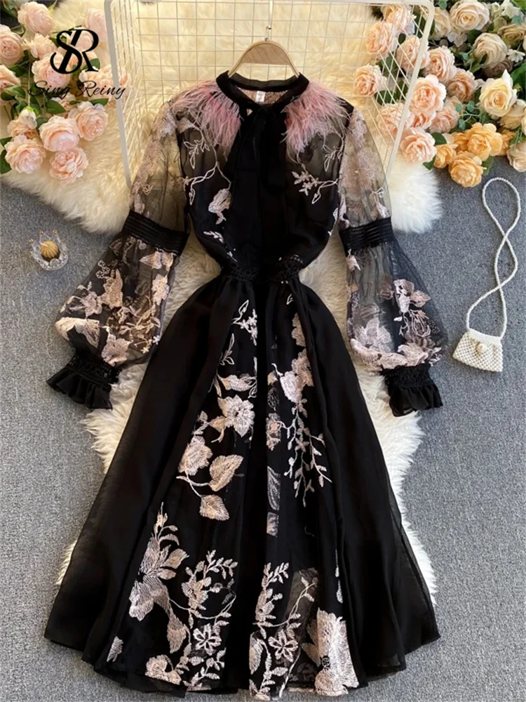 Huibahe High Quality Elegant Party Dress Women Korean Design Long Sleeve A-line Dress 2024 Spring Mesh Embroidery Flower Dress