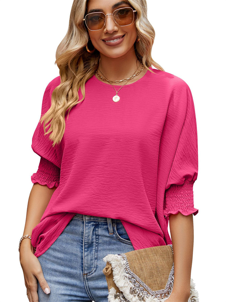 Summer New Women's Loose Big Yards Round Neck Solid-coloured Range Top