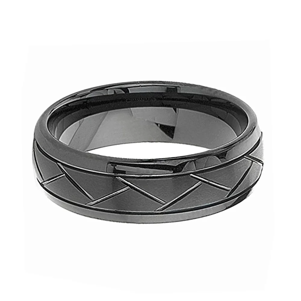 8MM Black Mens Domed Grooved Tungsten Ring Brushed Wedding Band