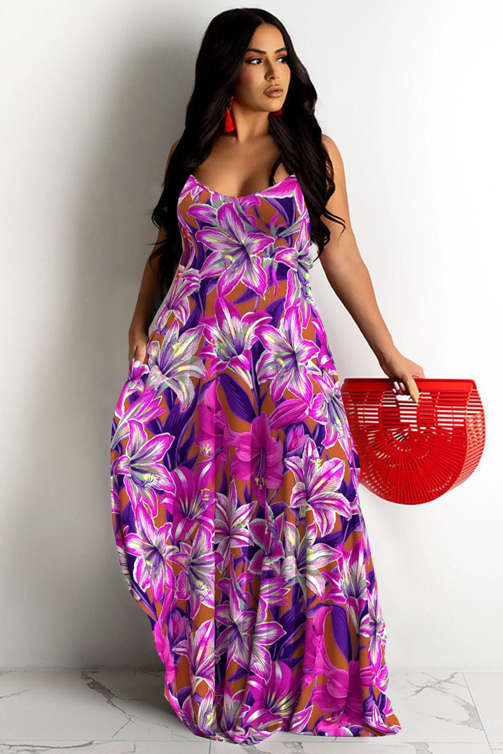 Design Plus Size Vacation Purple Floral V Neck Sleeveless Maxi Dresses [Pre-Order]