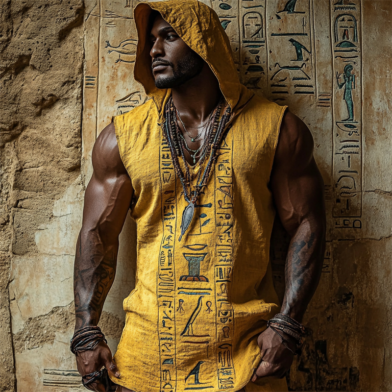 Comstylish Men's Ancient Egyptian Runes Inspired Hooded Linen Tank