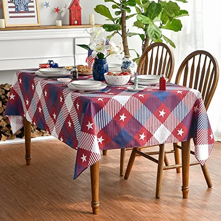 4th of July Independence Day Rectangle Tablecloth Kitchen Table Decoration Buffalo Plaid Stars Waterproof Tablecloth Party Decor