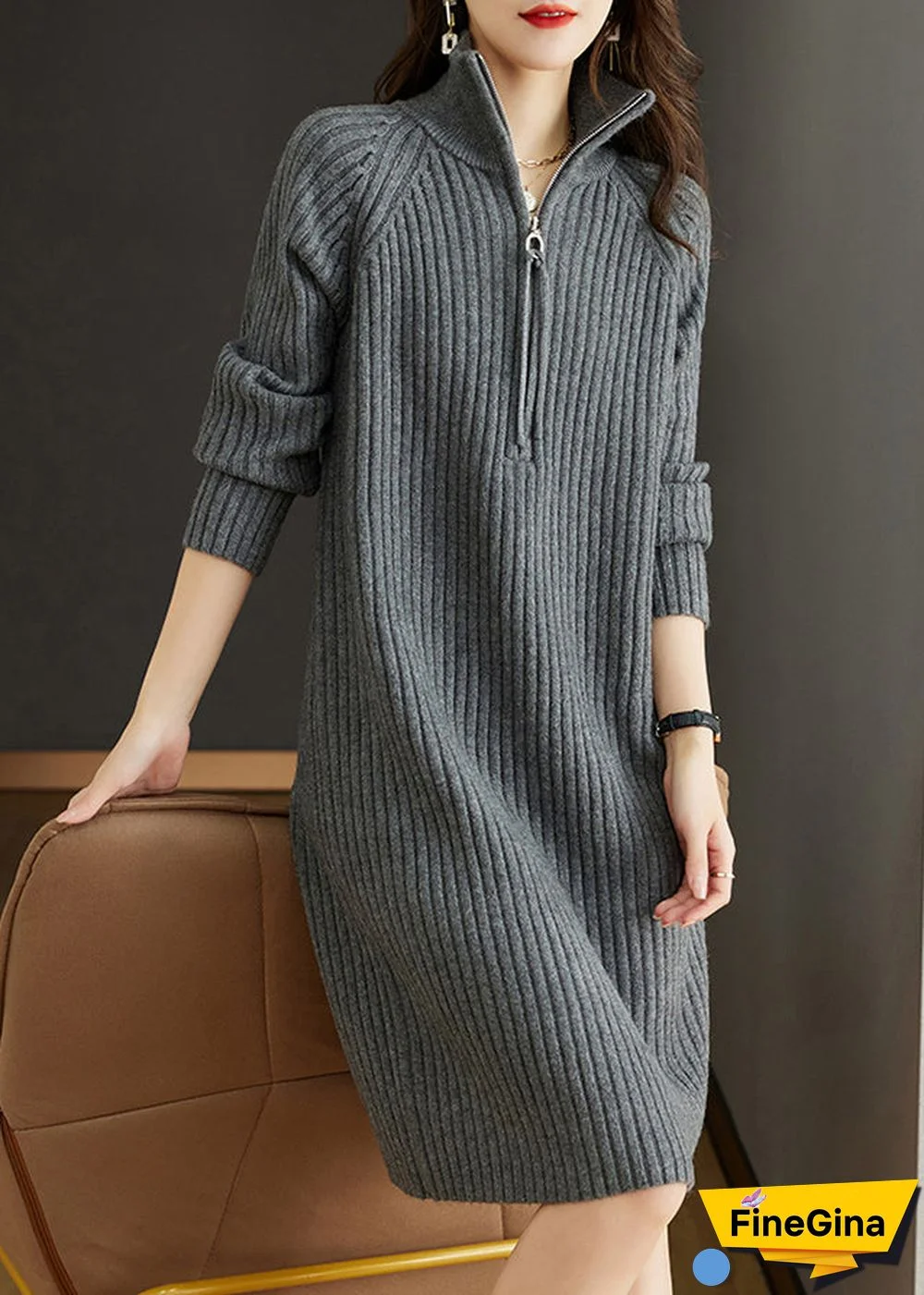 Grey Patchwork Loose Woolen Knit Dresses Turtleneck Long Sleeve