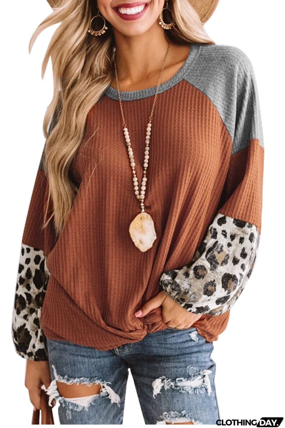 Long Sleeve Waffle Knit Orange Blouse with Twist Knot