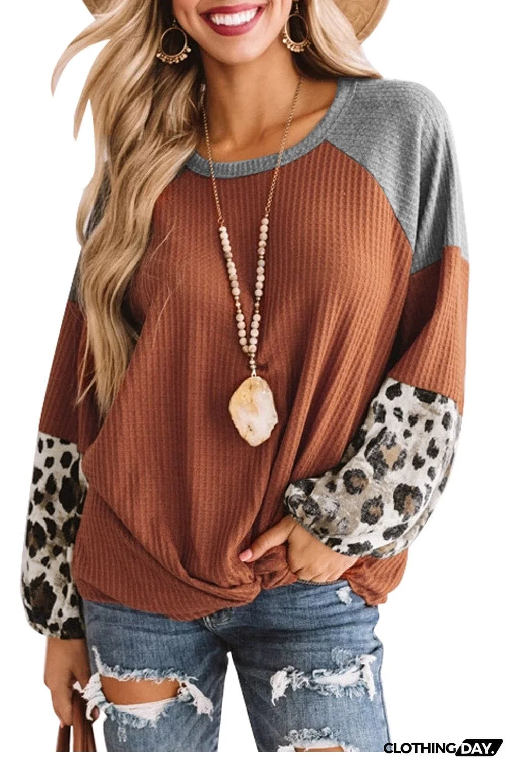 Long Sleeve Waffle Knit Orange Blouse with Twist Knot