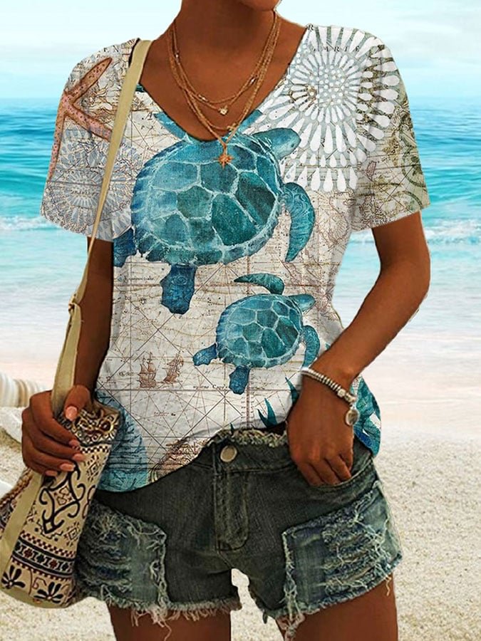 Vacation Turtle Print V-Neck T-Shirt