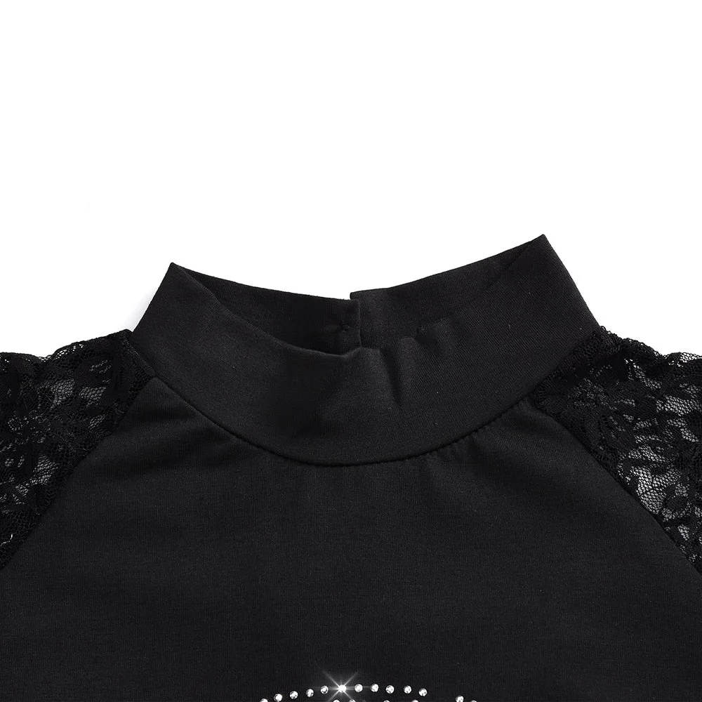 Women Turtleneck Lace Patchwork Long Sleeve Shirts 2021 Spring Autumn Ladies Casual Sexy Tops Black Y2k Skull Print Streetwear